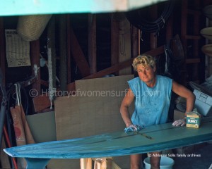 Catherine building surfboards, circa 1966